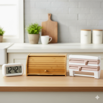 Mbajtese Buke prej Druri + Organizues Plastik per Kuzhine +Ore me zile dhe Alarm