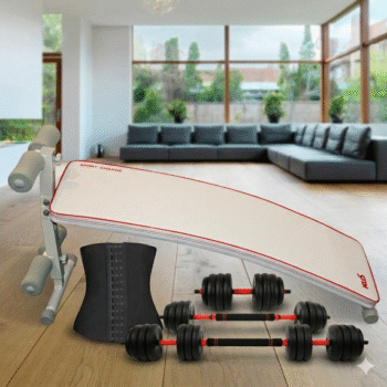 Set per Stervitje ne Shtepi – Gira 20kg + Korse Slimming + Stol për Muskuj Barku