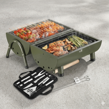 Set per Barbecue – Zgare me Kapak + Aksesore Metalik + 2 Shkop (Metalik) per Shishqebap