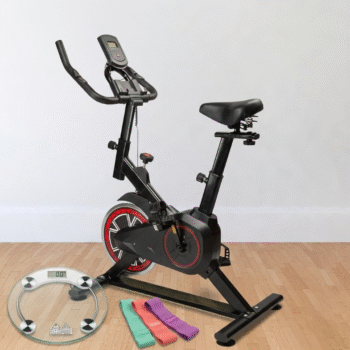 Set Fitness për Shtëpi – Biçikletë Spinning, Llastik Mikrofibër & Peshore Elektronike Xhami
